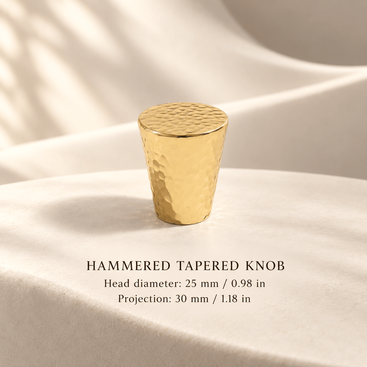 Hammered gold Tapered knob — 25 × 30 mm / 0.98 × 1.18 in — individual millimeter and inch dimensions