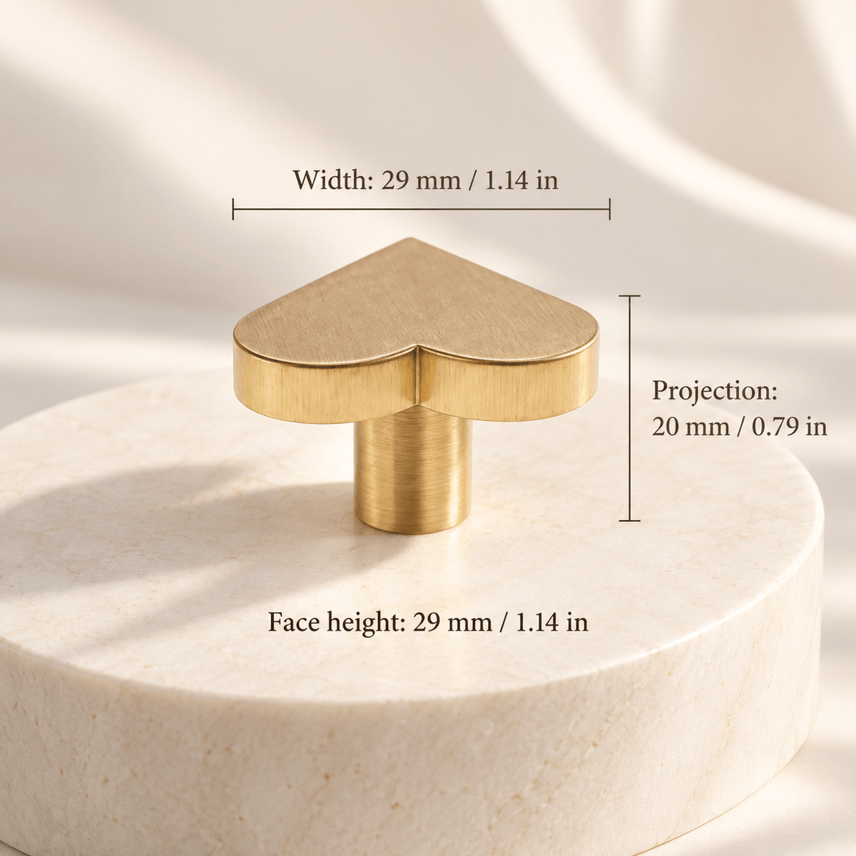 Heart-Shaped Cabinet Knob — Satin Gold, individual measurements in millimeters and inches