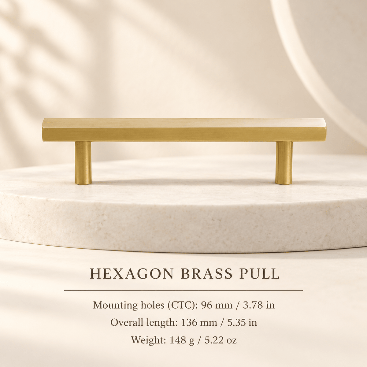 Gold hexagonal brass cabinet pull — 96 mm / 3.78 in CTC, 136 mm / 5.35 in overall — ivory stone studio