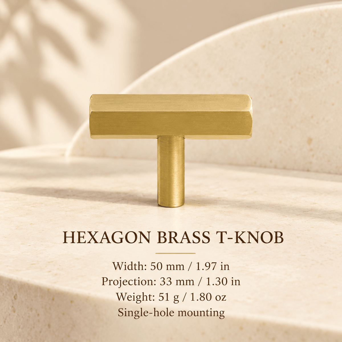 Gold hexagonal brass T-knob — width 50 mm / 1.97 in, projection 33 mm / 1.30 in — ivory stone studio
