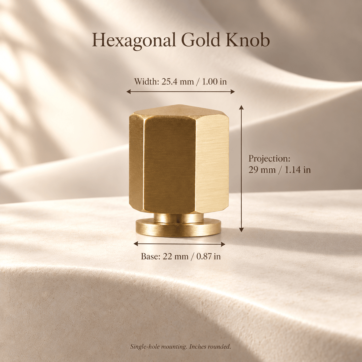 Hexagonal gold cabinet knob, individual dimensions in millimeters and inches