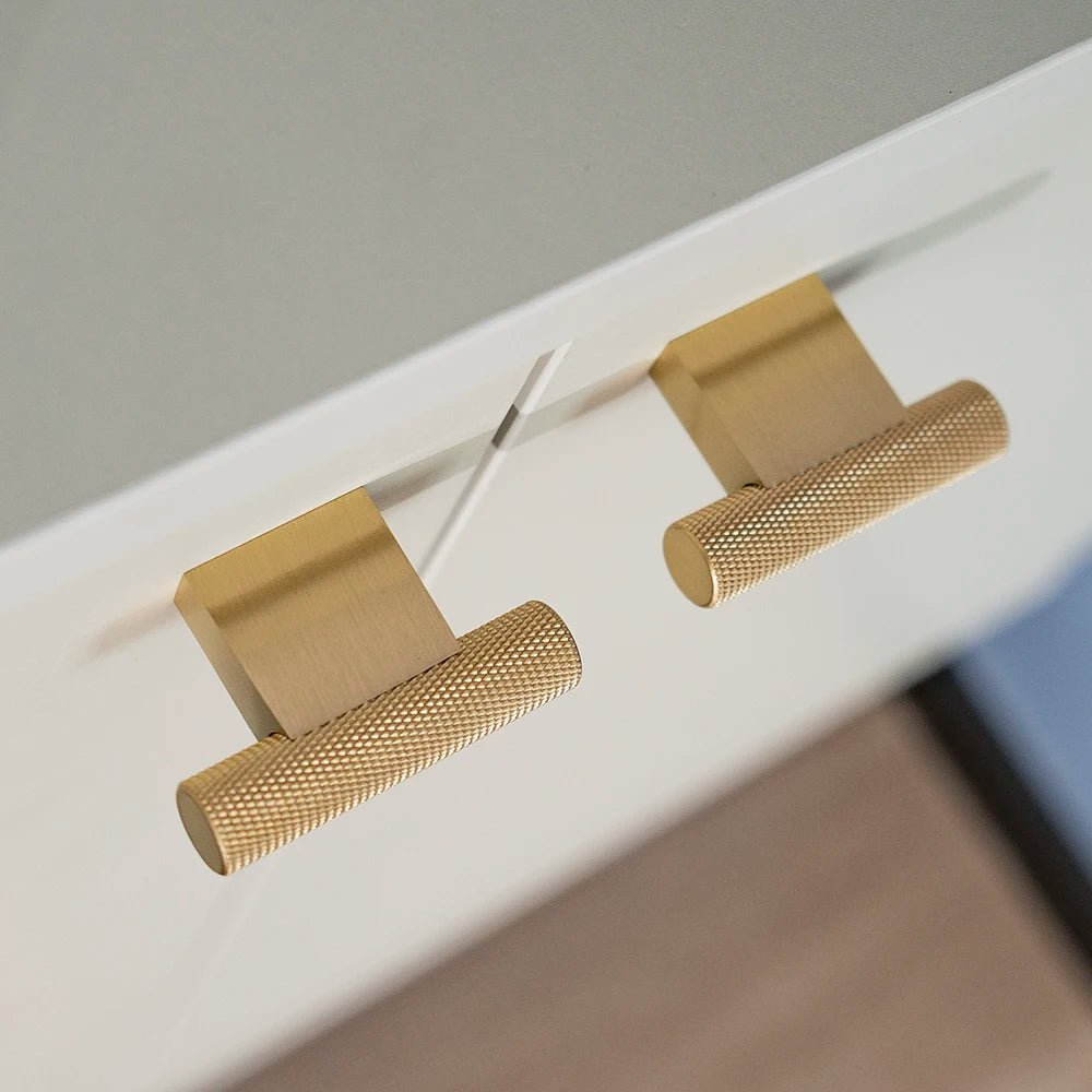 Sleek Gold Knurled Brass Handles for Modern Kitchen Drawers