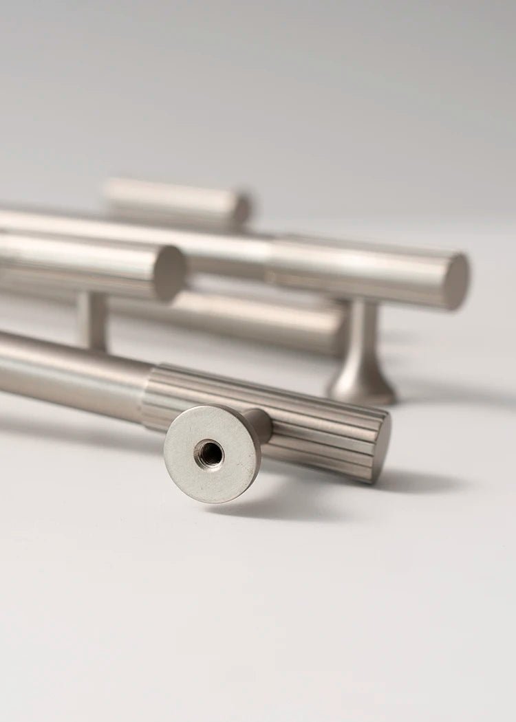 Sleek Knurled Brass Handles for Cabinets – Satin Nickel Pull Design