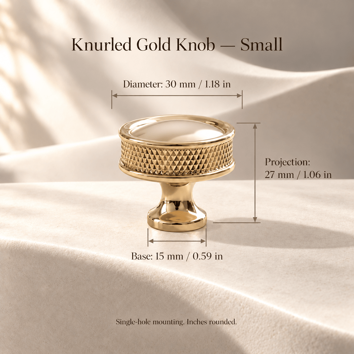 Knurled polished gold cabinet knob, small, individual diameter, projection and base dimensions in mm and inches