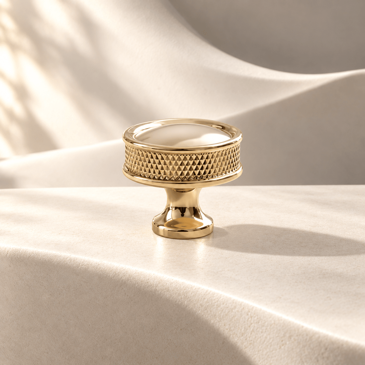 Knurled polished gold cabinet knob, small, ivory stone studio