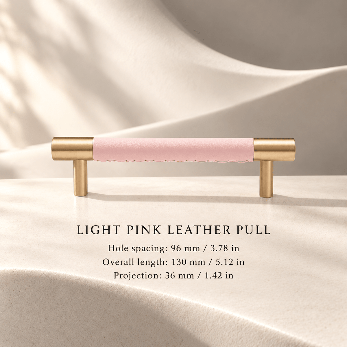 Light Pink leather cabinet pull, 96 mm CTC — individual measurements in millimeters and inches