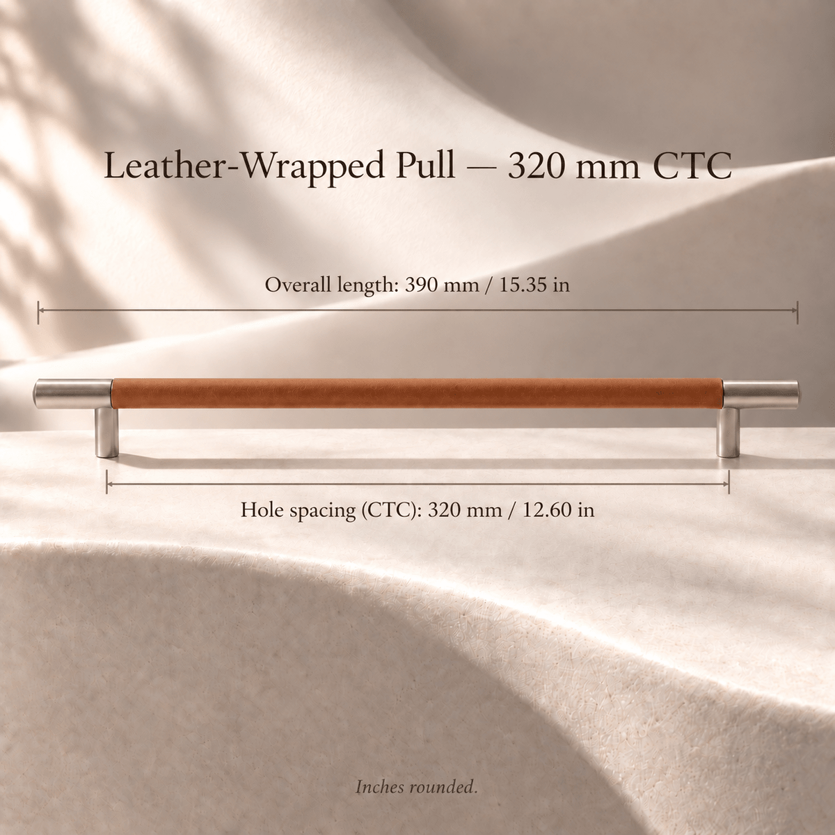 Brown cowhide-wrapped cabinet pull, 320 mm CTC, individual overall length and hole spacing in mm and inches