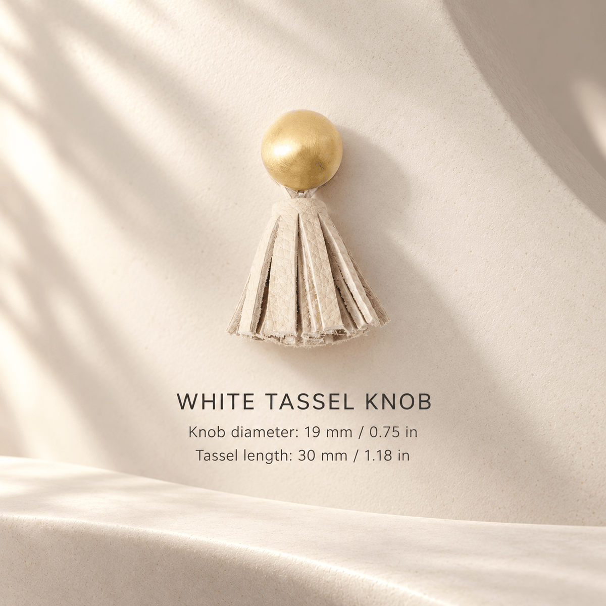 White leather tassel cabinet knob — knob diameter 19 mm / 0.75 in, tassel length 30 mm / 1.18 in