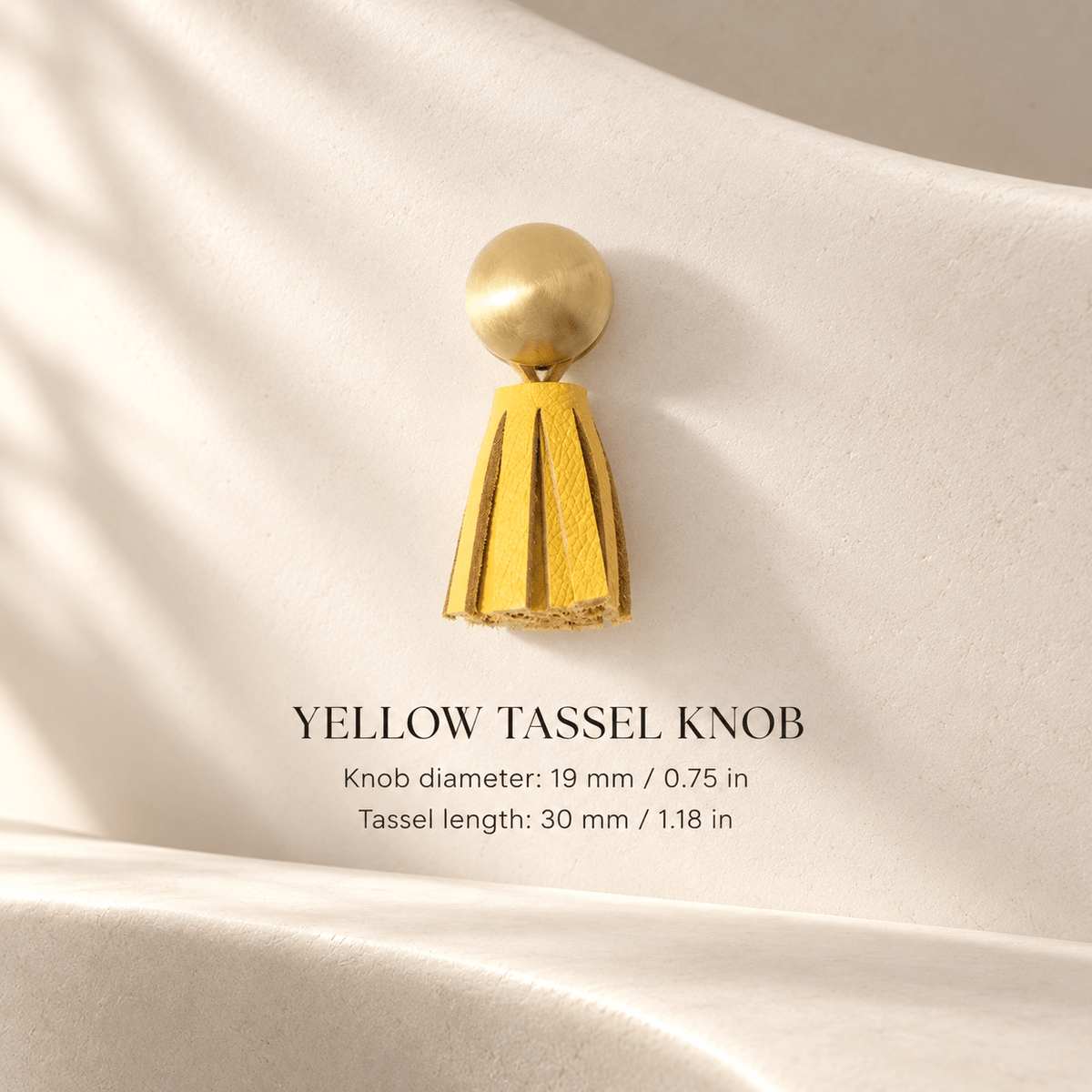 Yellow leather tassel cabinet knob — knob diameter 19 mm / 0.75 in, tassel length 30 mm / 1.18 in