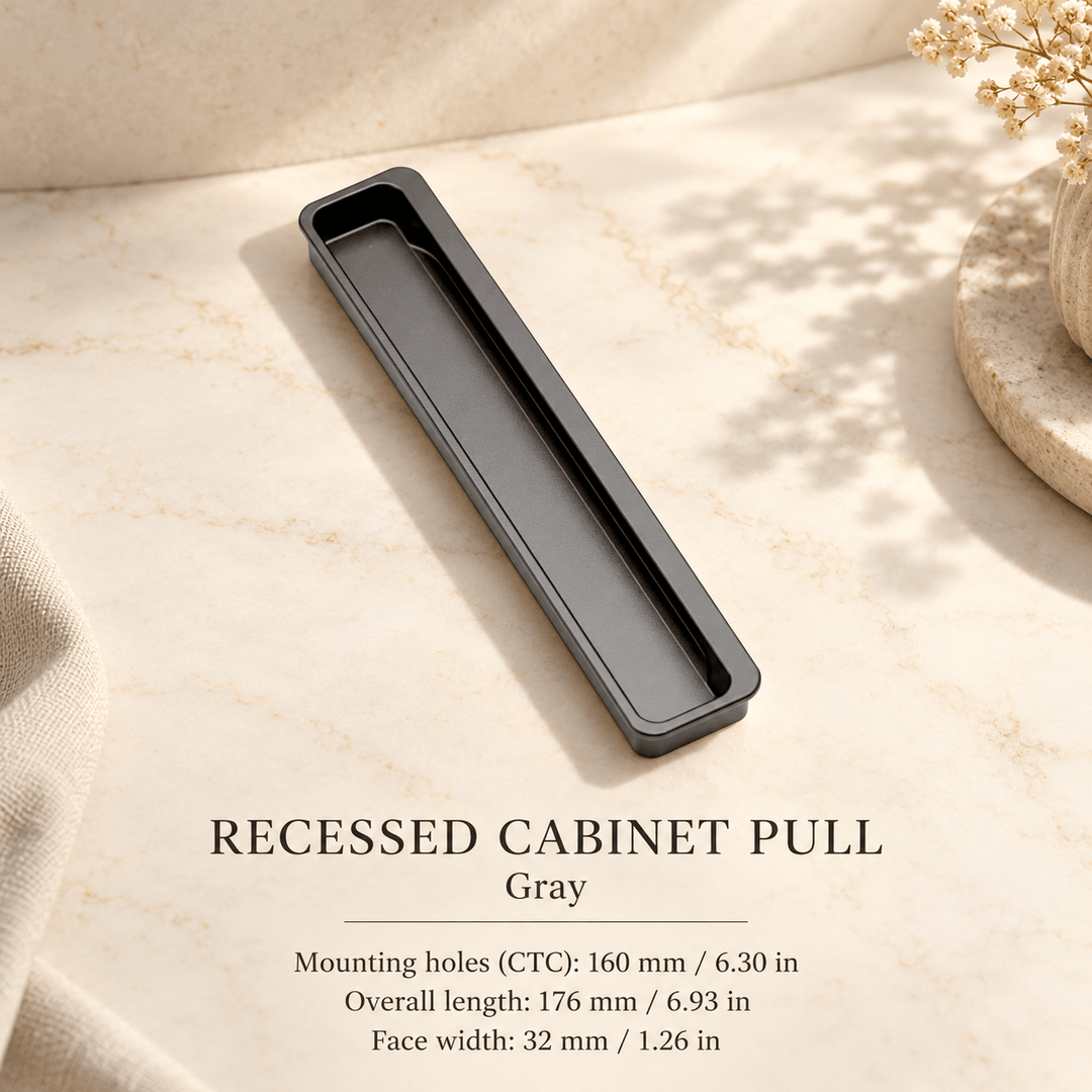 Recessed aluminum cabinet pull in Gray — CTC 160 mm / 6.30 in, length 176 mm / 6.93 in, face width 32 mm / 1.26 in — ivory stone studio