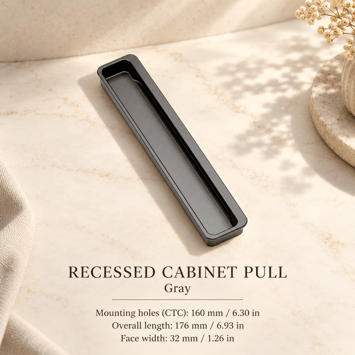 Recessed aluminum cabinet pull in Gray — CTC 160 mm / 6.30 in, length 176 mm / 6.93 in, face width 32 mm / 1.26 in — ivory stone studio