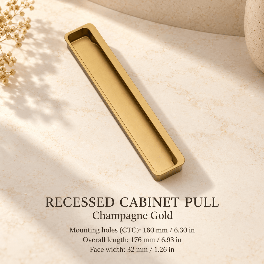Recessed aluminum cabinet pull in Champagne Gold — CTC 160 mm / 6.30 in, length 176 mm / 6.93 in, face width 32 mm / 1.26 in — ivory stone studio