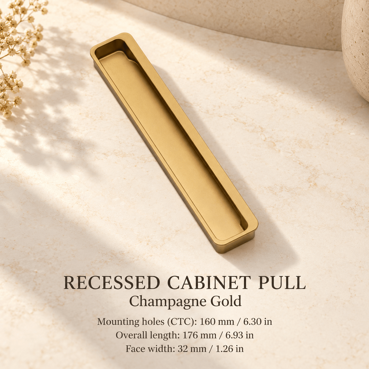 Recessed aluminum cabinet pull in Champagne Gold — CTC 160 mm / 6.30 in, length 176 mm / 6.93 in, face width 32 mm / 1.26 in — ivory stone studio