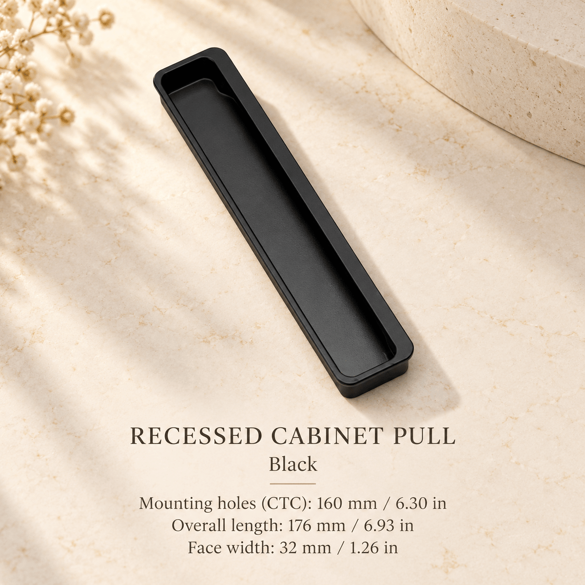 Recessed aluminum cabinet pull in Black — CTC 160 mm / 6.30 in, length 176 mm / 6.93 in, face width 32 mm / 1.26 in — ivory stone studio