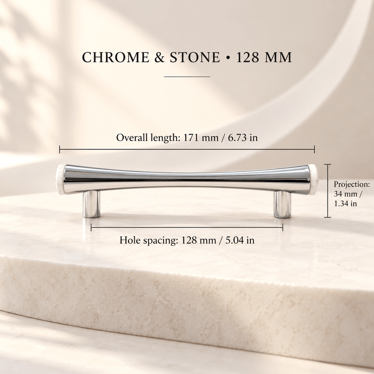Chrome and white stone cabinet pull, 128 mm mounting-hole spacing, individual dimensions in mm and inches