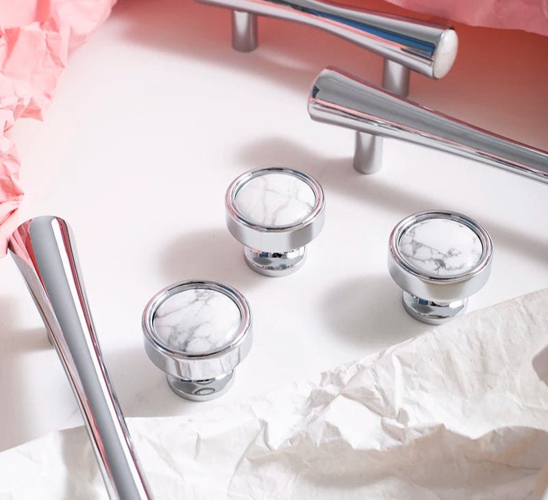 Modern Chrome Knob - White Marble Cabinet Pull