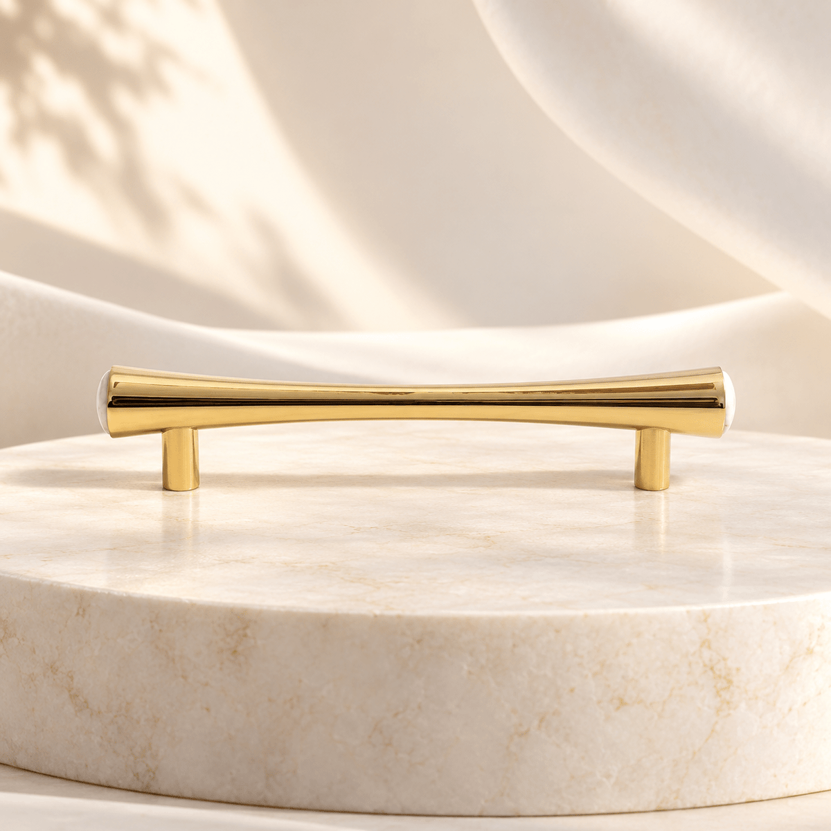 Gold brass and white stone cabinet pull, 128 mm mounting-hole spacing, ivory stone studio