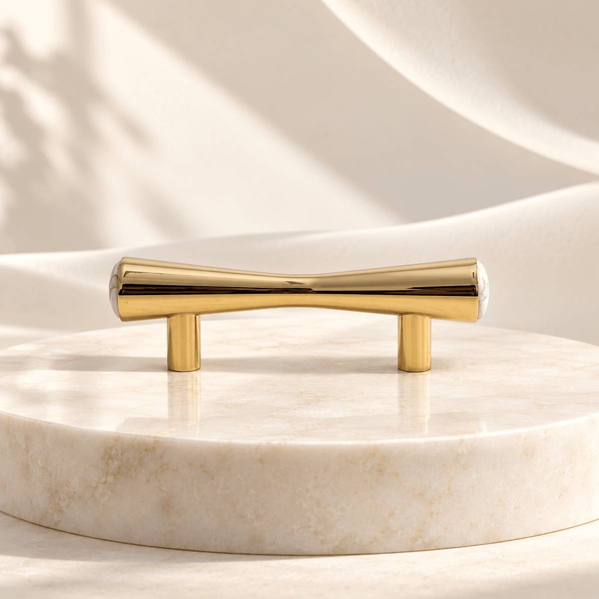 Gold brass and white stone cabinet pull, 64 mm mounting-hole spacing, ivory stone studio