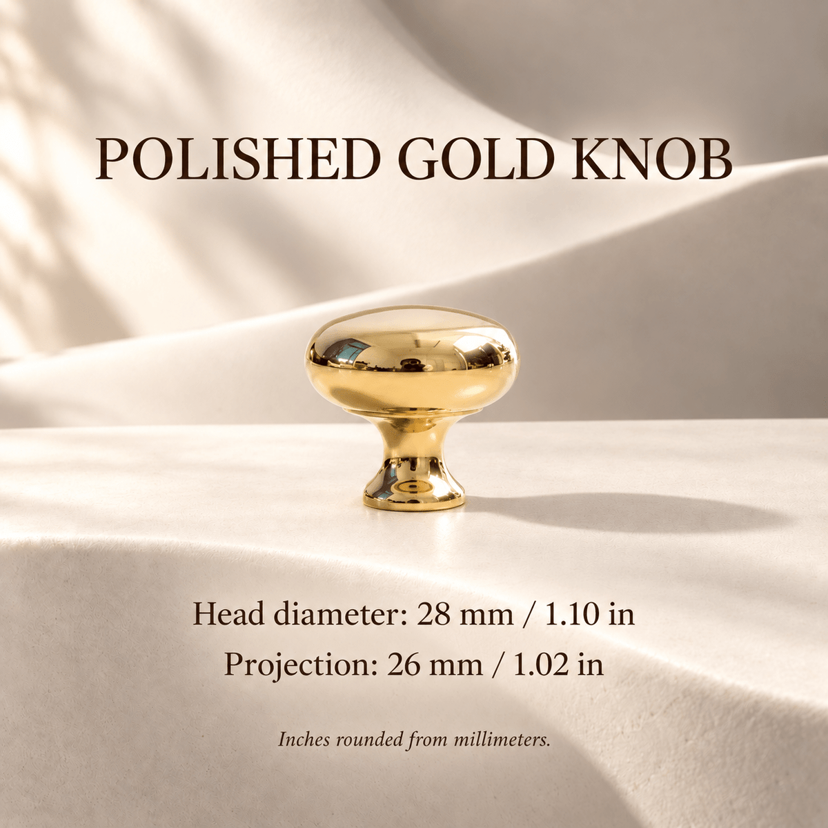 Polished gold mushroom knob, 28 mm head — individual measurements in millimeters and inches