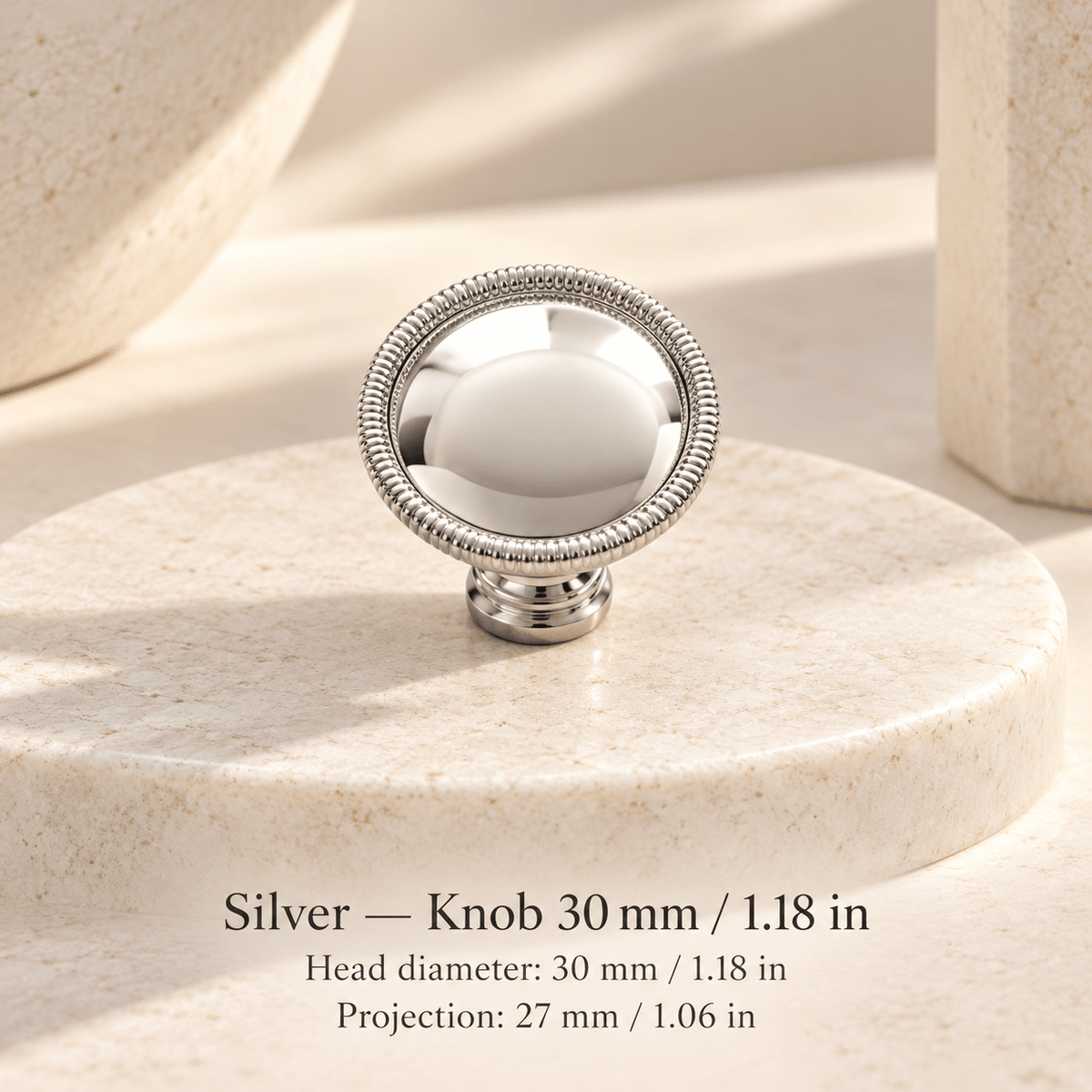 Spindle cabinet hardware — Silver — Knob 30 mm / 1.18 in; Head diameter: 30 mm / 1.18 in; Projection: 27 mm / 1.06 in — ivory stone studio