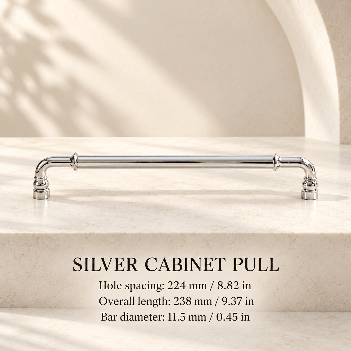 Silver classic cabinet pull — 224 mm / 8.82 in CTC; 238 mm / 9.37 in overall; 11.5 mm / 0.45 in bar diameter — ivory stone studio