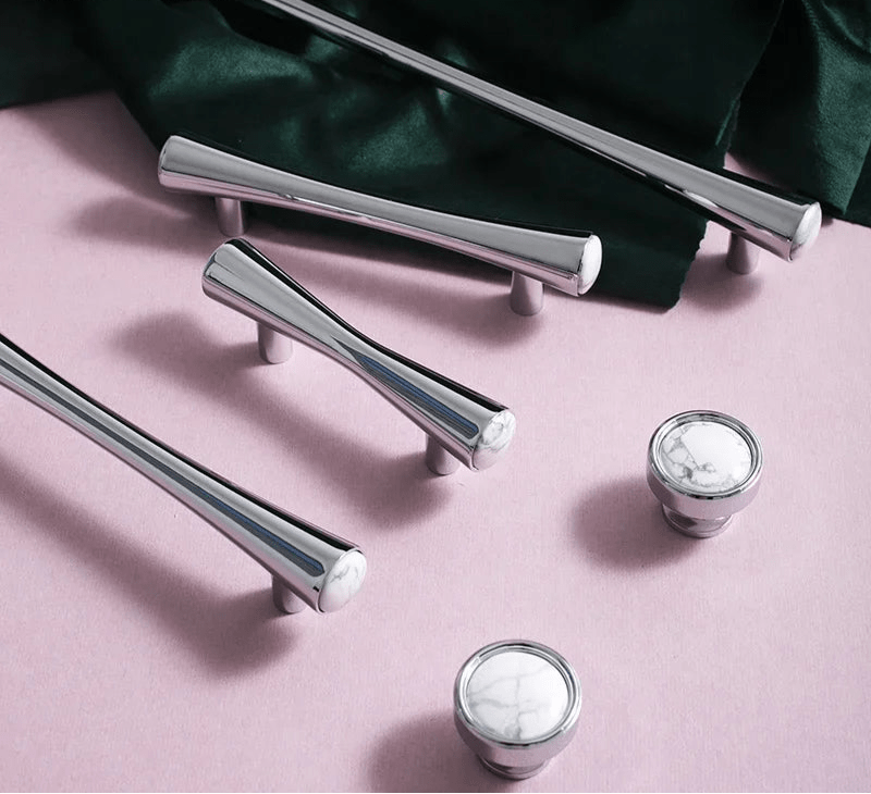Chrome Cabinet Handle - White Marble Inlay Pull
