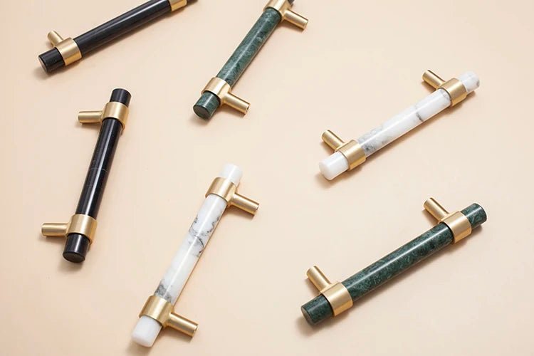 Stylish Marble and Brass T-Bar Cabinet Handle