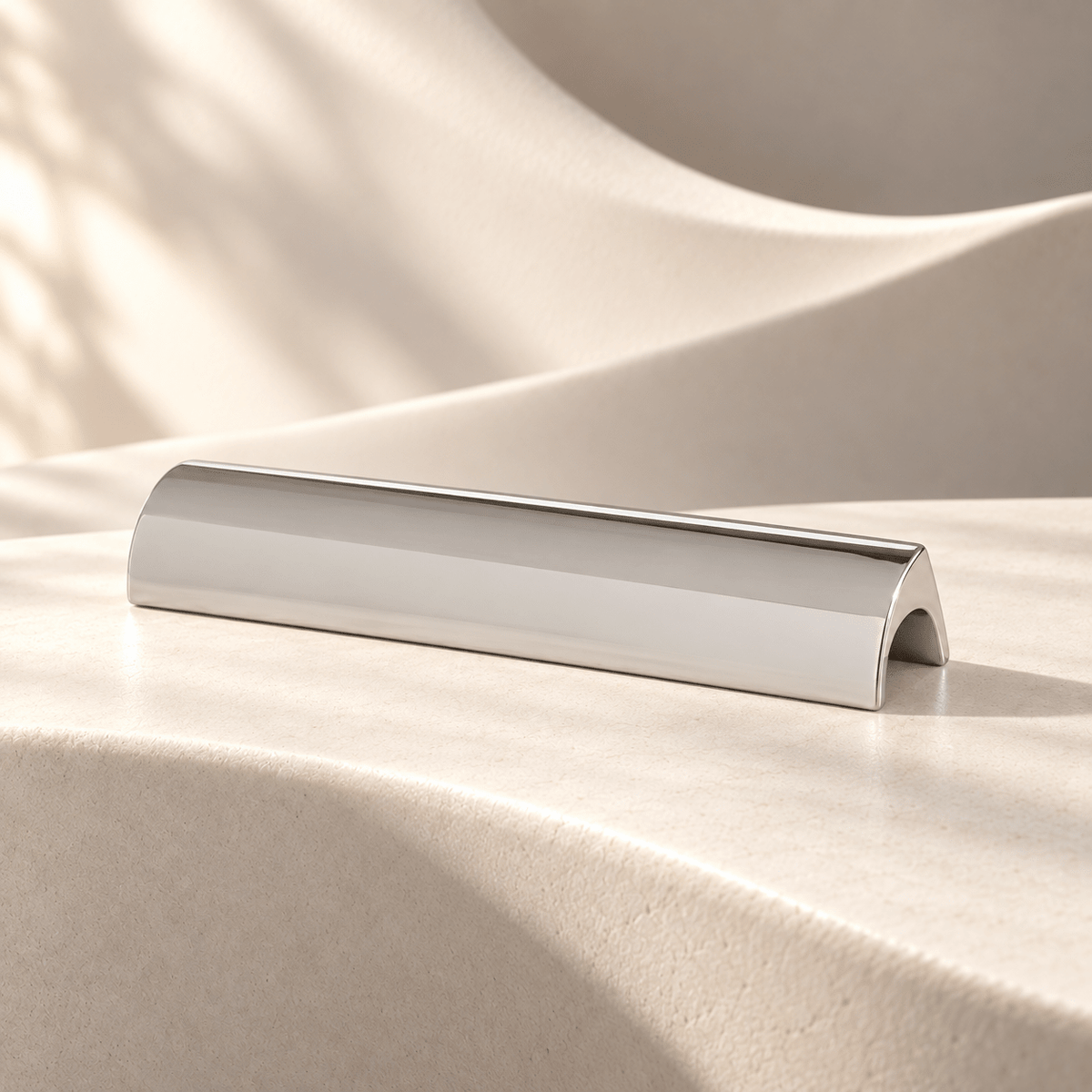 Nickel curved cabinet pull, 96 mm hole spacing on ivory stone