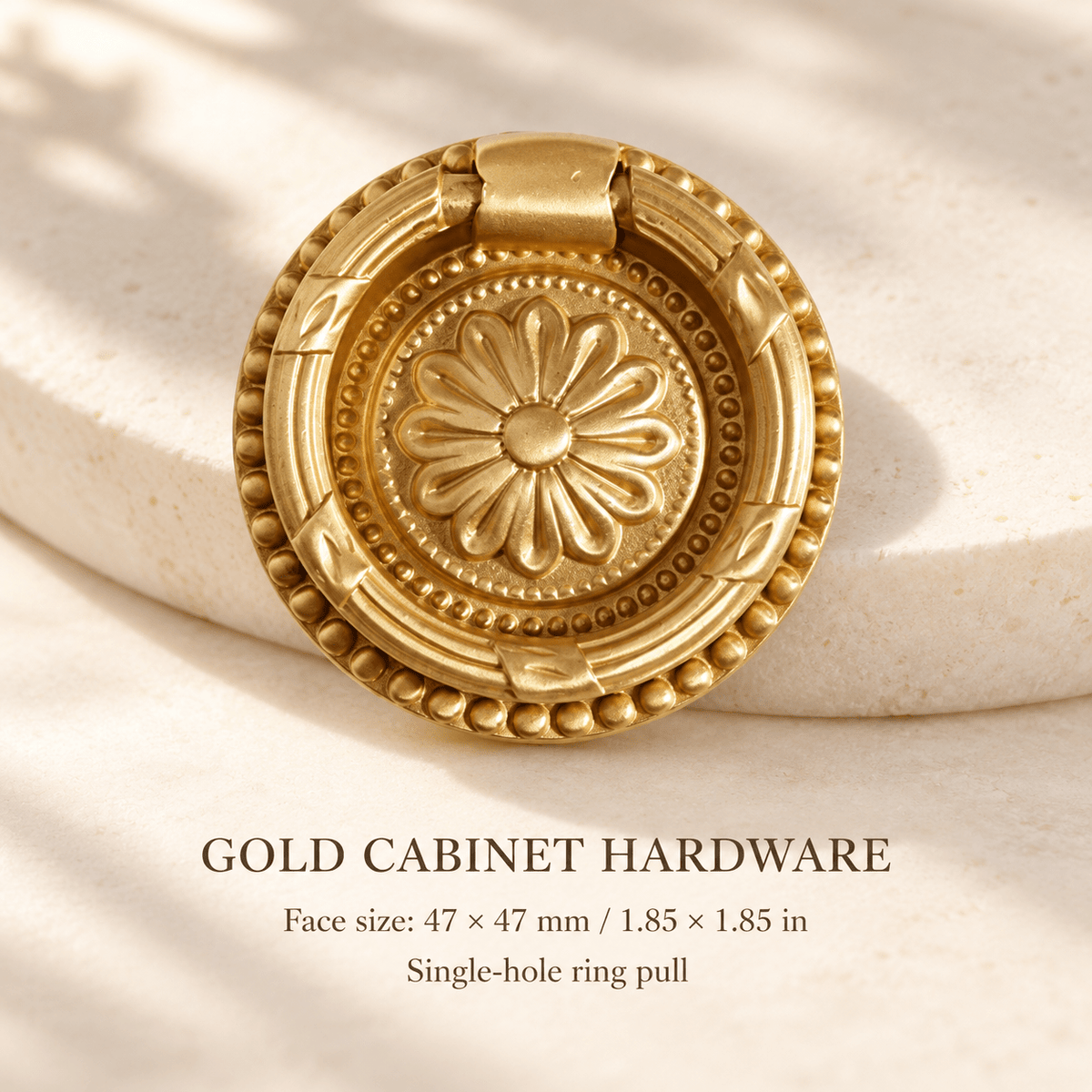 Gold floral ring pull — Face size: 47 × 47 mm / 1.85 × 1.85 in; Single-hole ring pull — ivory stone studio