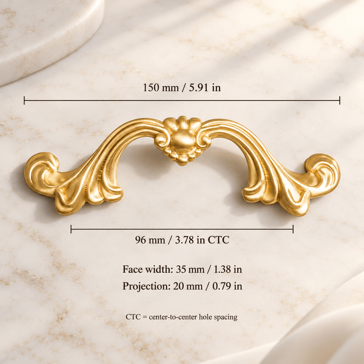 Ornate gold pull measurements: 150 mm overall, 96 mm hole spacing, 35 mm face width and 20 mm projection, with inch equivalents