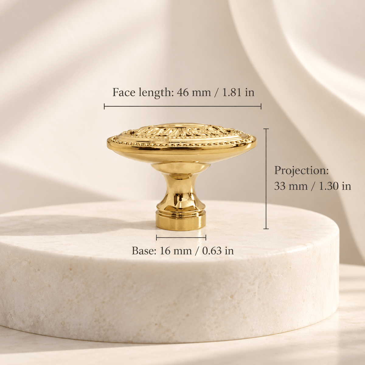 Ornate Oval Cabinet Knob — Polished Gold, individual measurements in millimeters and inches