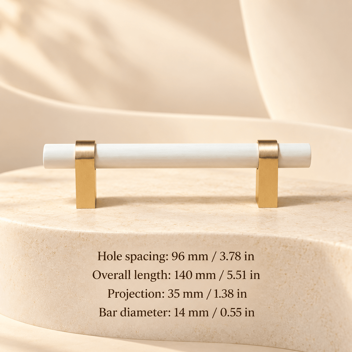 White painted wood pull with gold feet; Hole spacing: 96 mm / 3.78 in; Overall length: 140 mm / 5.51 in; Projection: 35 mm / 1.38 in; Bar diameter: 14 mm / 0.55 in on ivory stone studio background