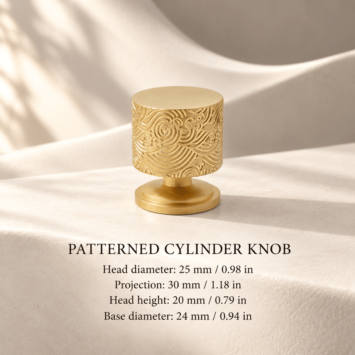 Patterned gold Cylinder knob — 25 mm / 0.98 in diameter — individual millimeter and inch dimensions