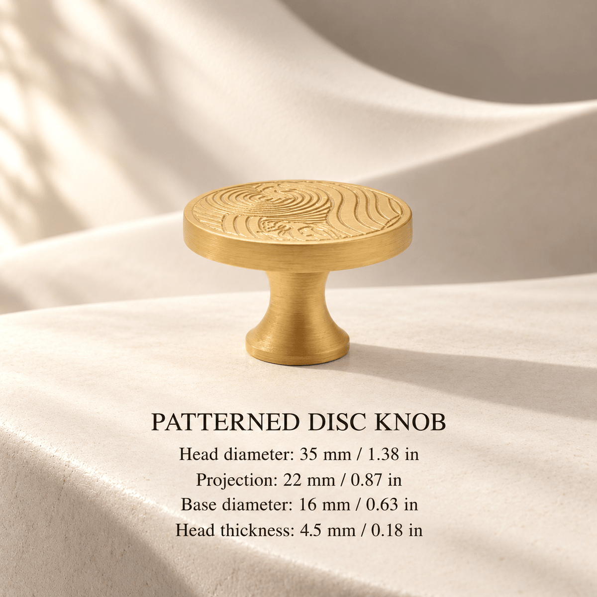 Patterned gold Disc knob — 35 mm / 1.38 in diameter — individual millimeter and inch dimensions
