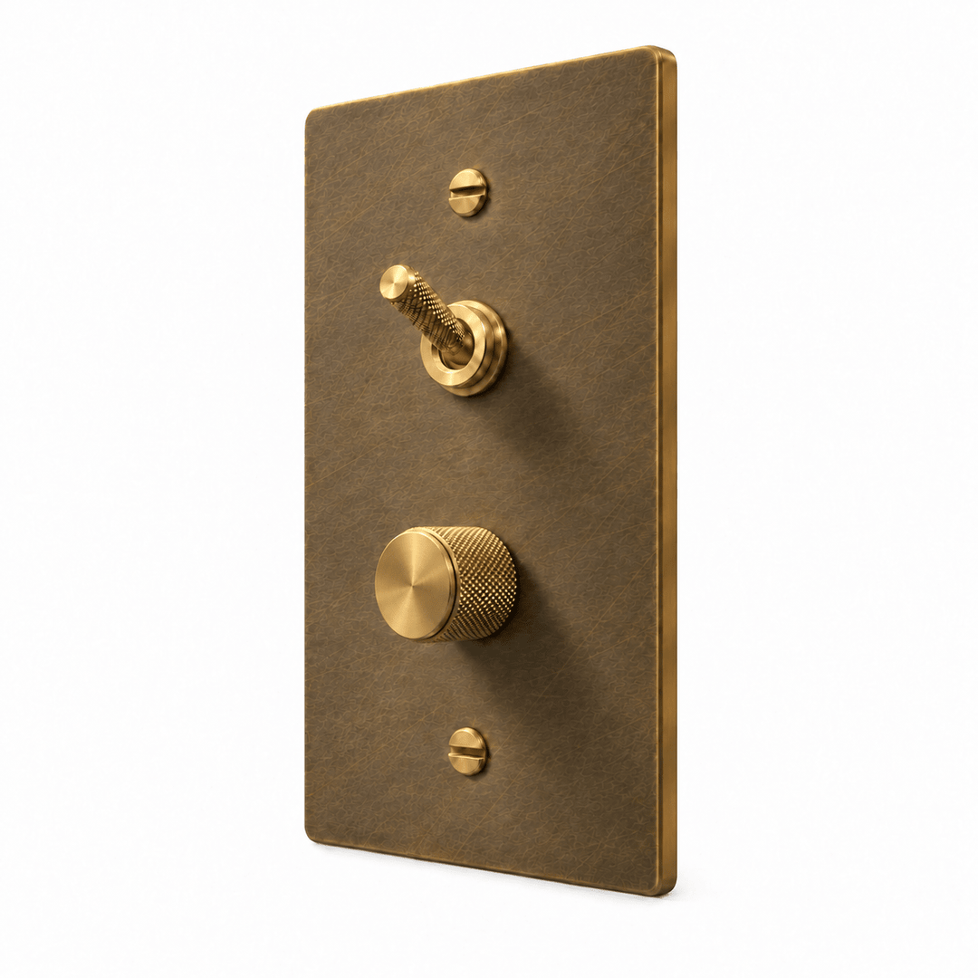 Aged Brass 1-Gang Knurled Toggle & Dimmer Light Switch with brass controls and matching mounting screws