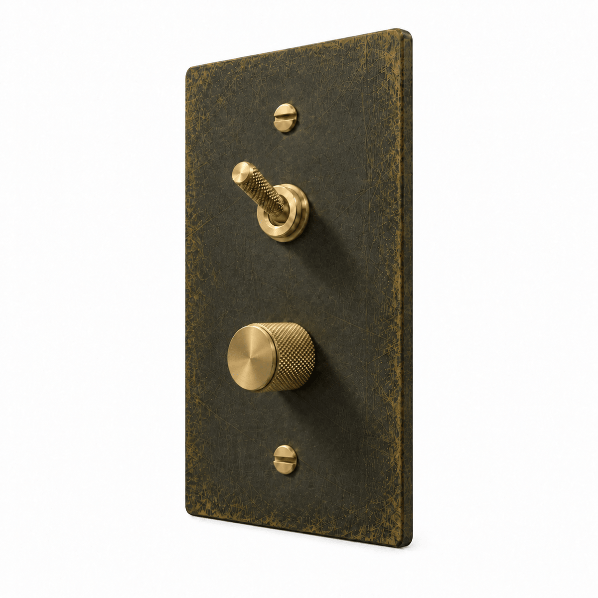 Antique Brass 1-Gang Knurled Toggle & Dimmer Light Switch with brass controls and matching mounting screws