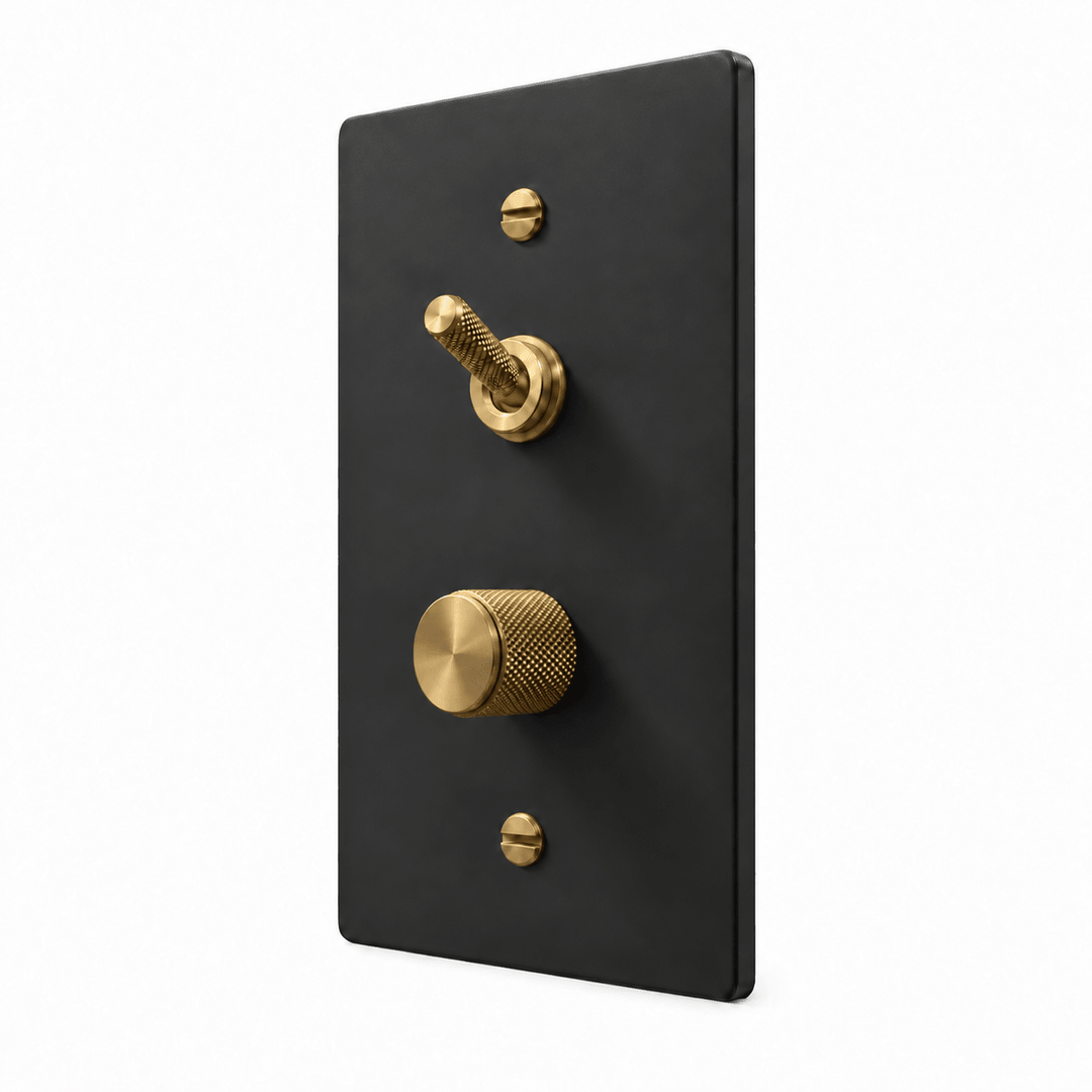 Black / Brass 1-Gang Knurled Toggle & Dimmer Light Switch with brass controls and matching mounting screws