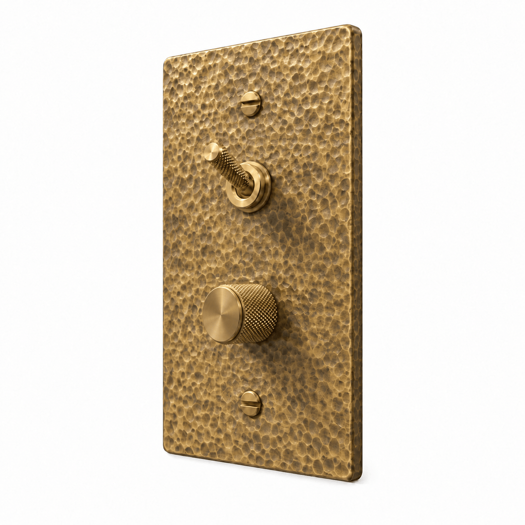 Hammered Antique Brass 1-Gang Knurled Toggle & Dimmer Light Switch with brass controls and matching mounting screws