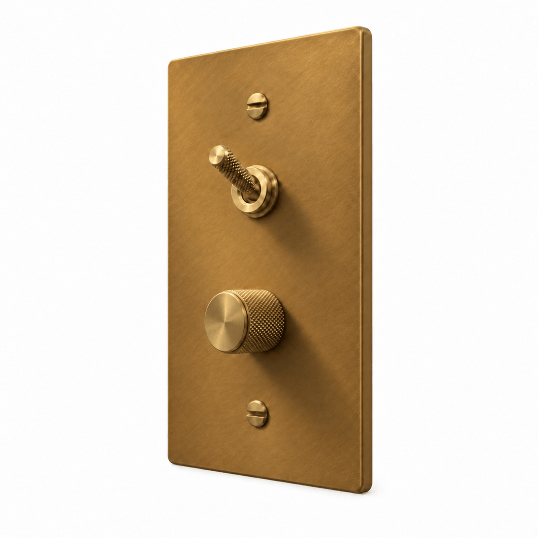 Unlacquered Aged brass 1-Gang Knurled Toggle & Dimmer Light Switch with brass controls and matching mounting screws