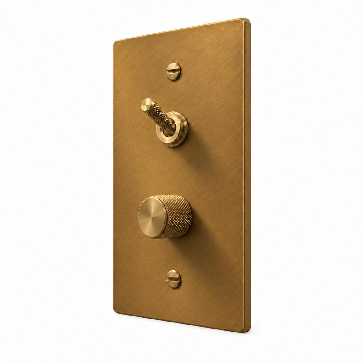 Unlacquered Aged brass 1-Gang Knurled Toggle & Dimmer Light Switch with brass controls and matching mounting screws