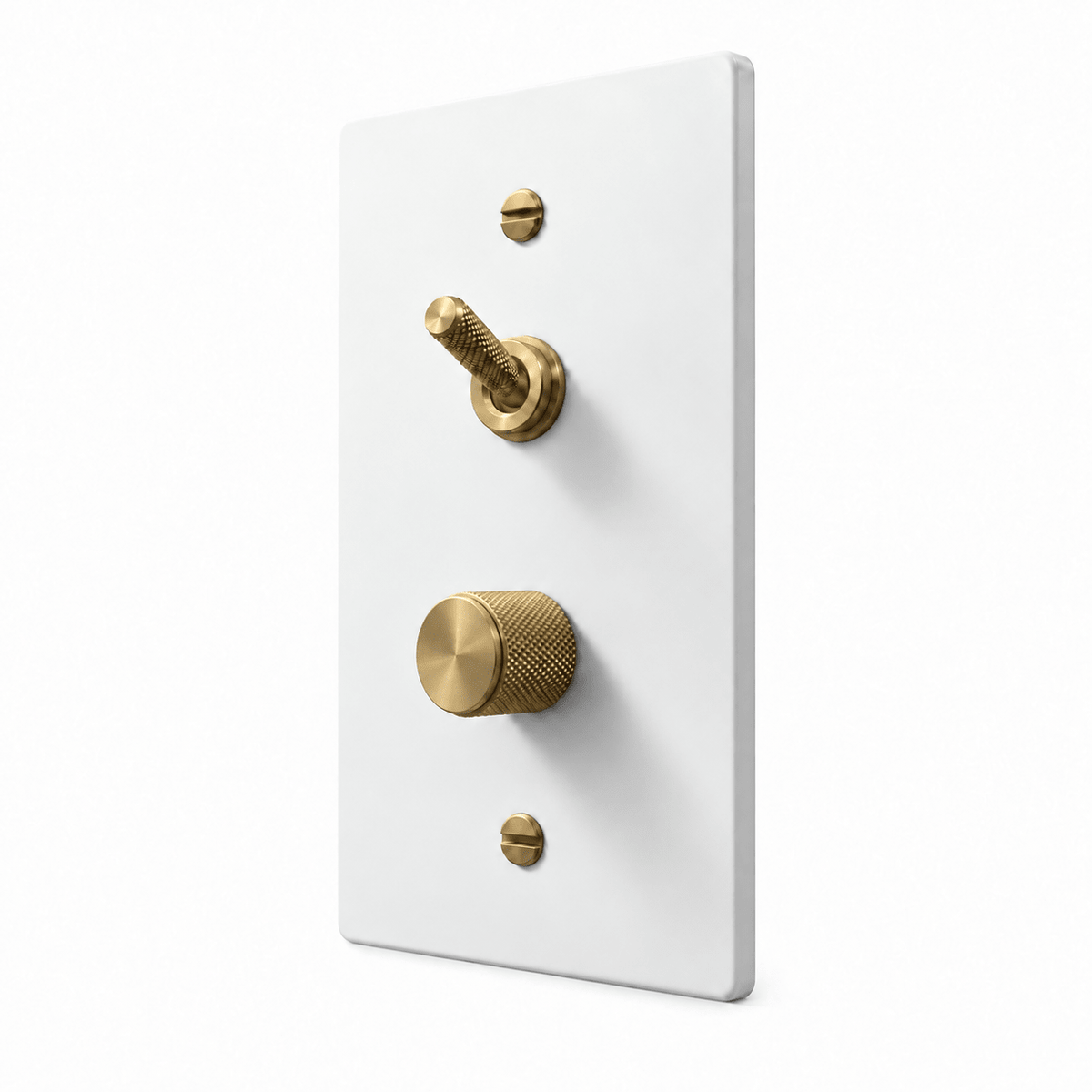 White / Brass 1-Gang Knurled Toggle & Dimmer Light Switch with brass controls and matching mounting screws
