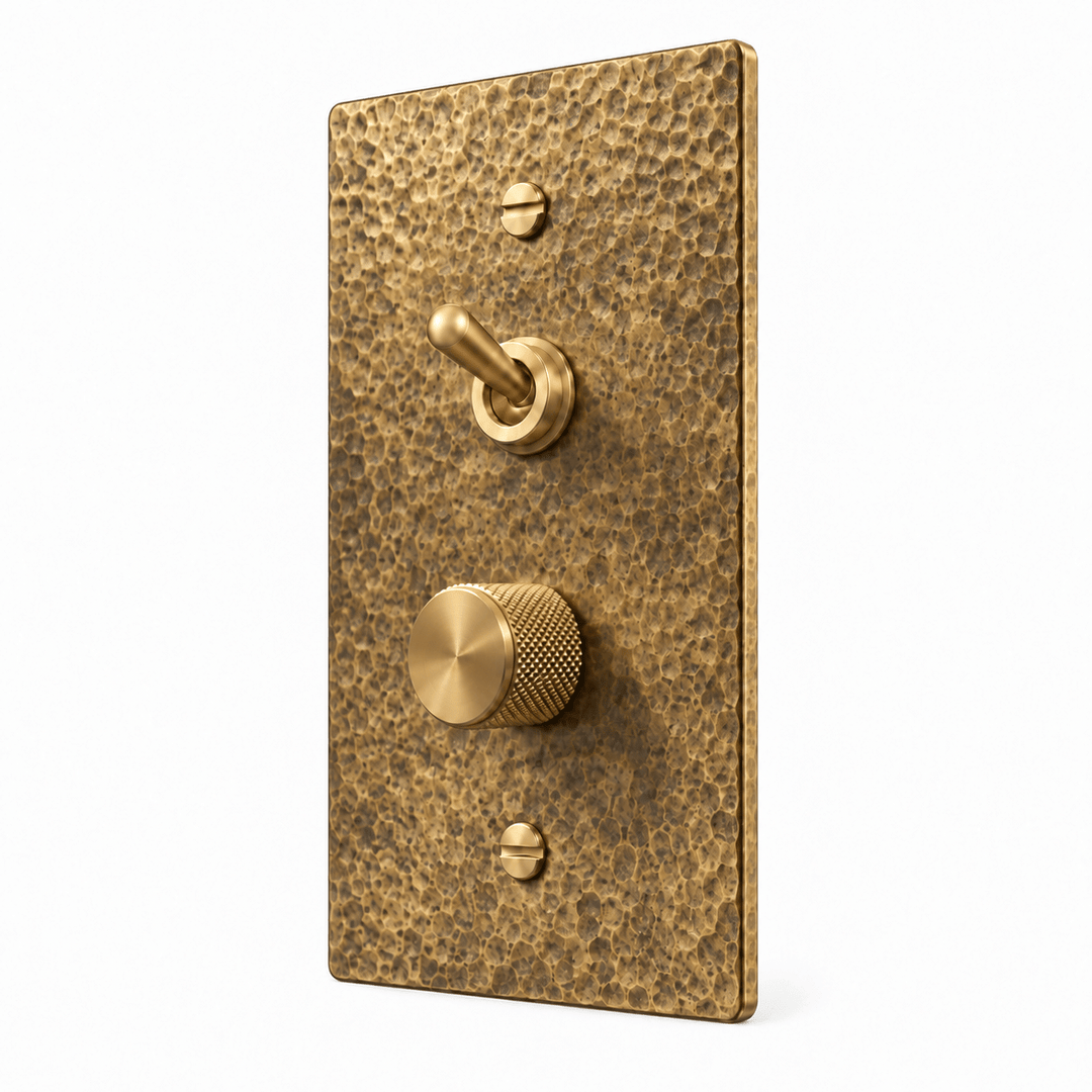 PlatePrestige 1-Gang Retro Toggle & Dimmer Light Switch in Hammered Antique Brass