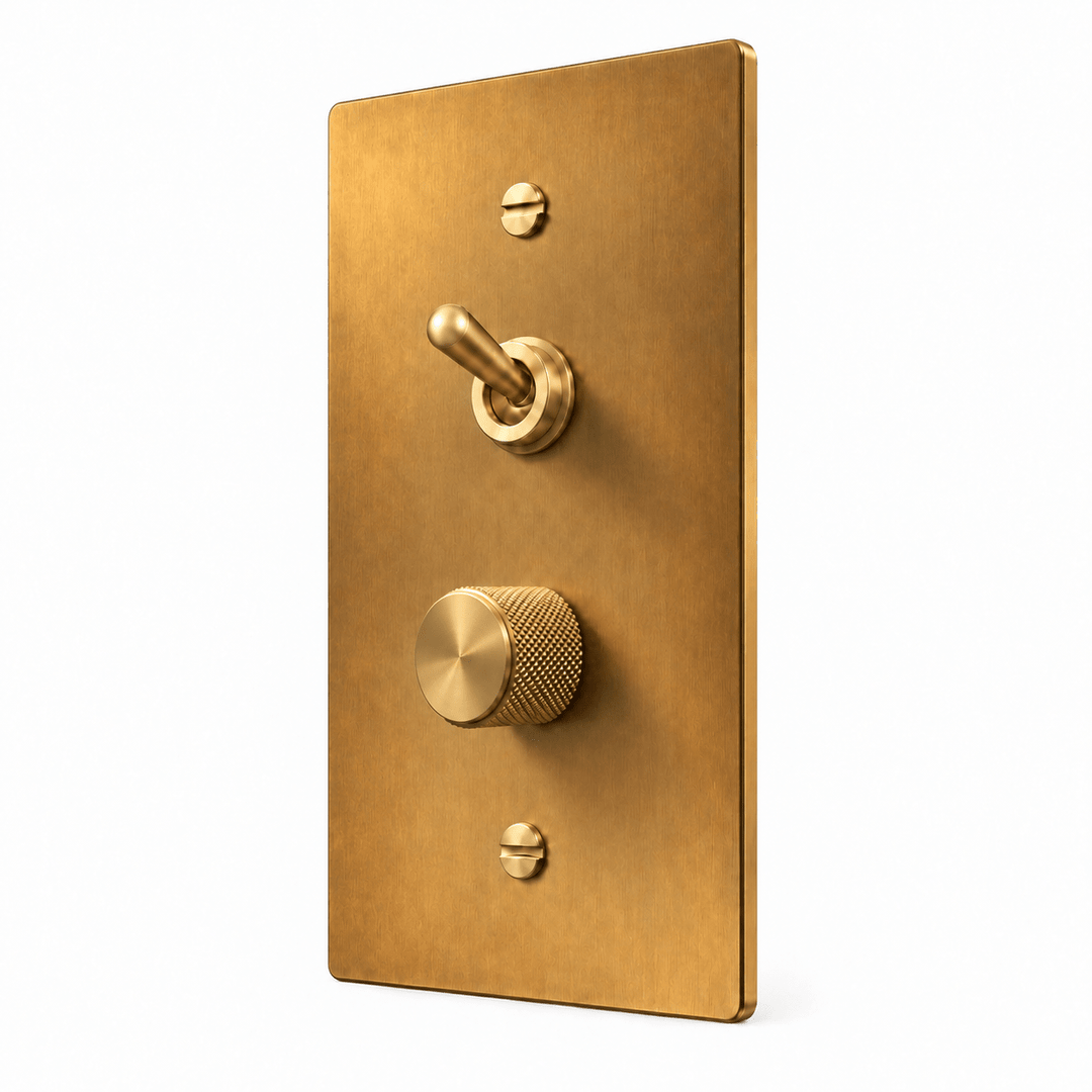PlatePrestige 1-Gang Retro Toggle & Dimmer Light Switch in Unlacquered Aged brass