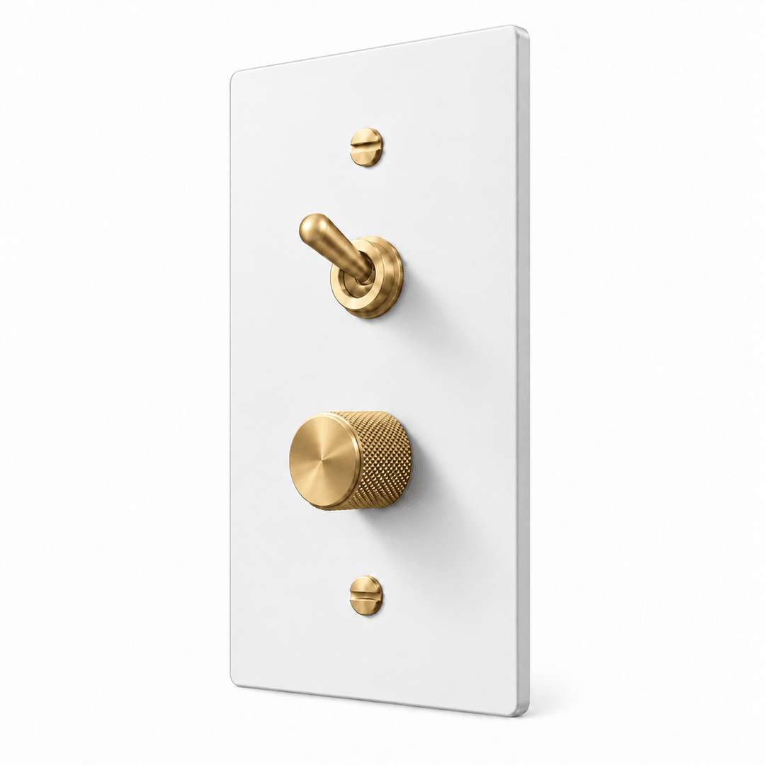 PlatePrestige 1-Gang Retro Toggle & Dimmer Light Switch in White / Brass