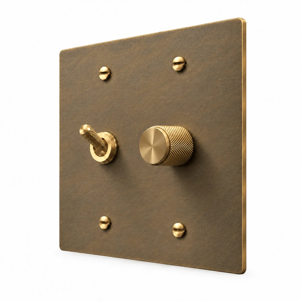 Aged Brass 2-Gang Knurled Toggle Light Switch & Dimmer with brass controls and matching mounting screws