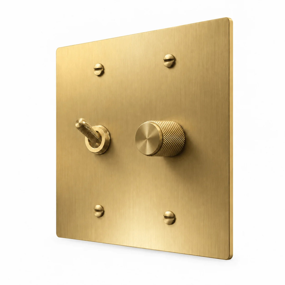 Brass 2-Gang Knurled Toggle Light Switch & Dimmer with brass controls and matching mounting screws