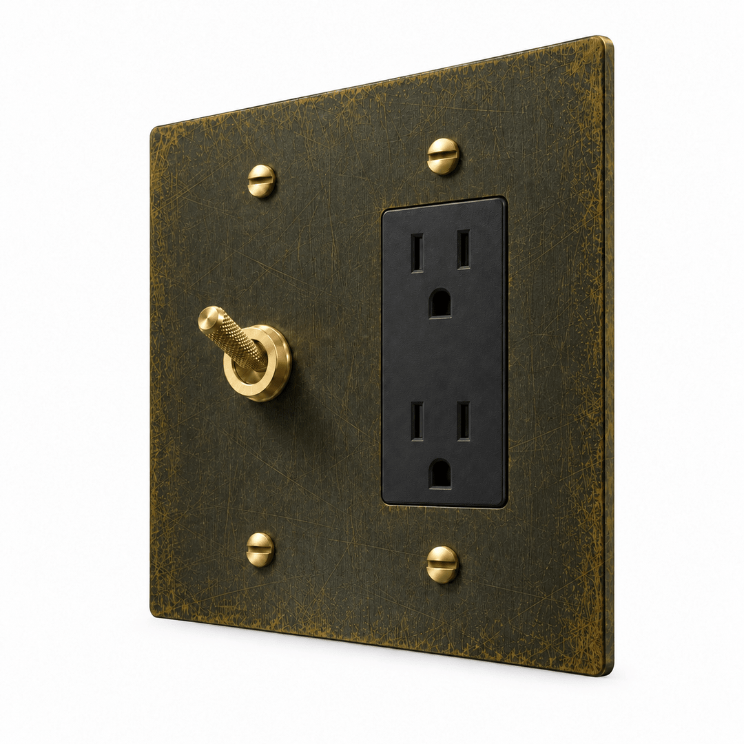 PlatePrestige 2-Gang Knurled Toggle Light Switch & Outlet in Antique Brass