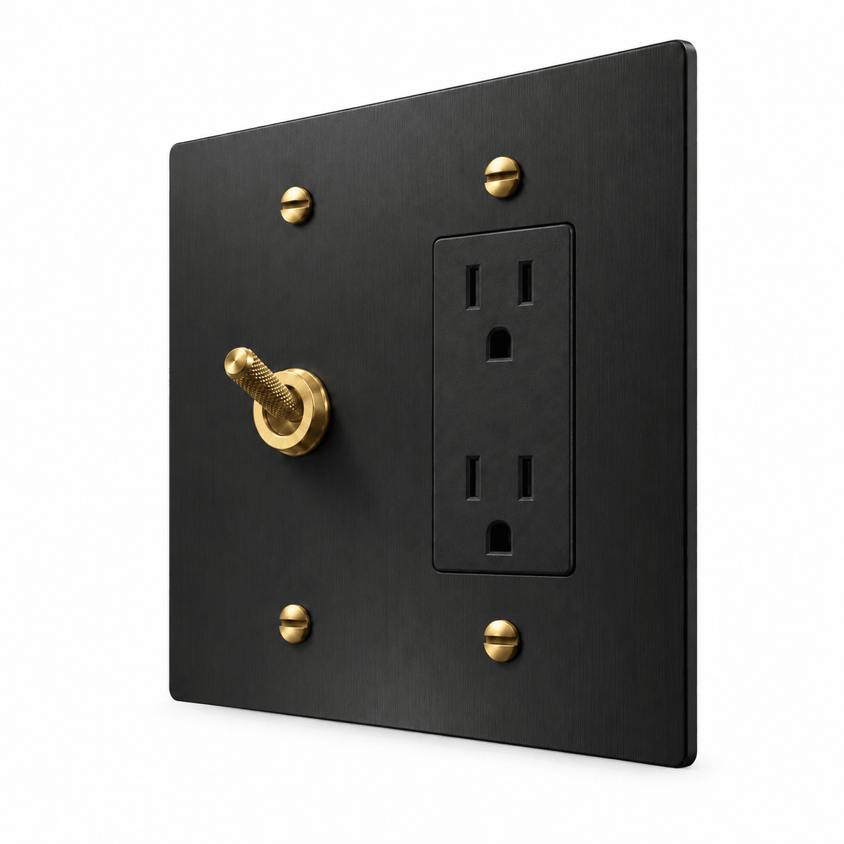PlatePrestige 2-Gang Knurled Toggle Light Switch & Outlet in Black / Brass