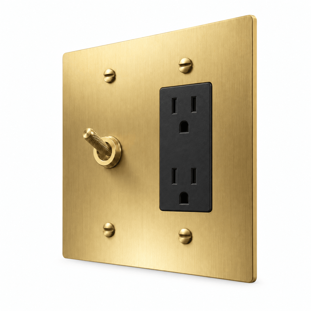 PlatePrestige 2-Gang Knurled Toggle Light Switch & Outlet in Brass