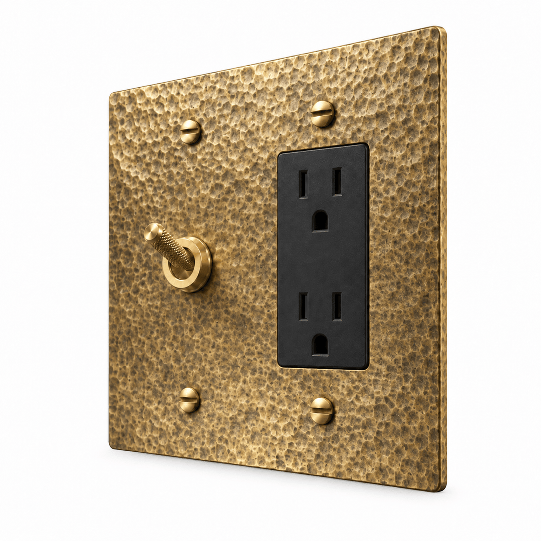 PlatePrestige 2-Gang Knurled Toggle Light Switch & Outlet in Hammered Antique Brass
